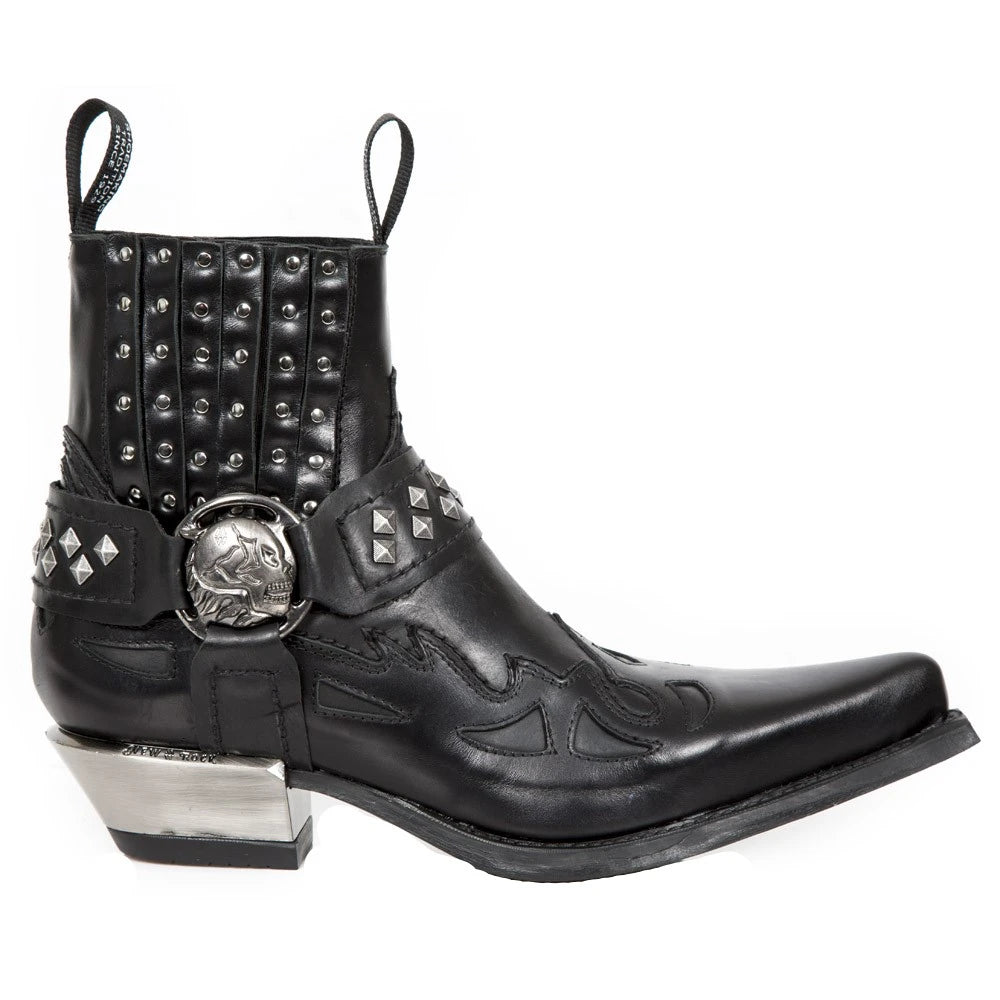 NEW ROCK M.7950-S1 Black Ankle Boots Western Goth Strap Skull Stud Metal