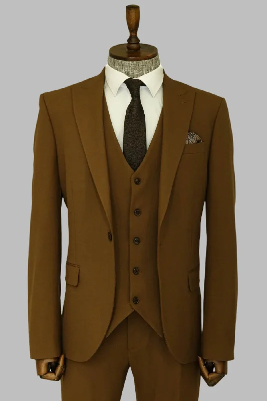 Three Piece Slim Fit Single Button Tan Men Suit