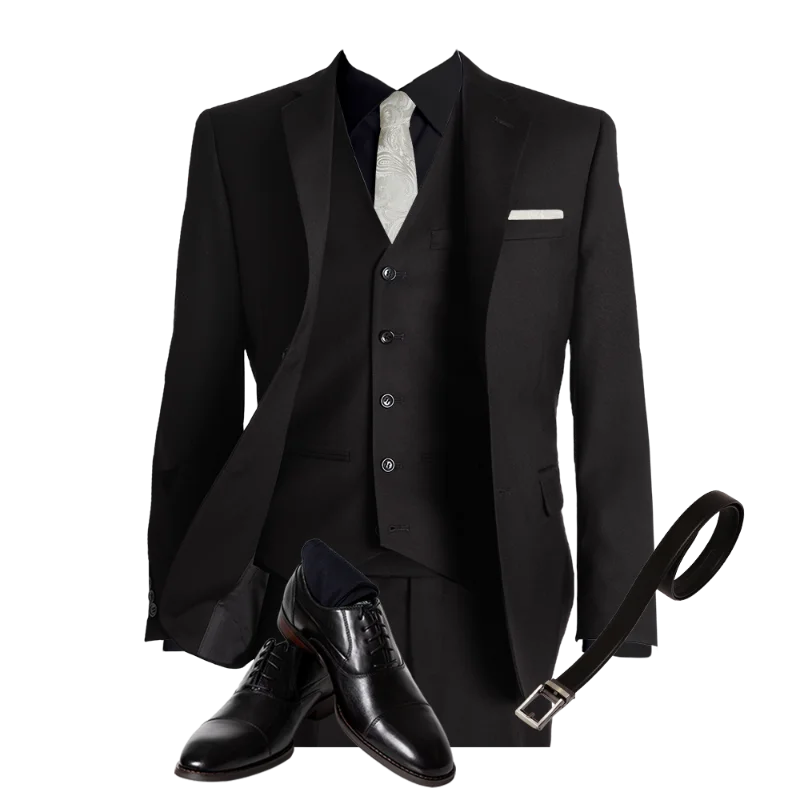 black suit white tie