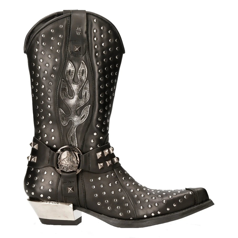 NEW ROCK M-7928-S1 WESTERN COWBOY BOOTS Black Leather Heavy Biker SILVER STUDS