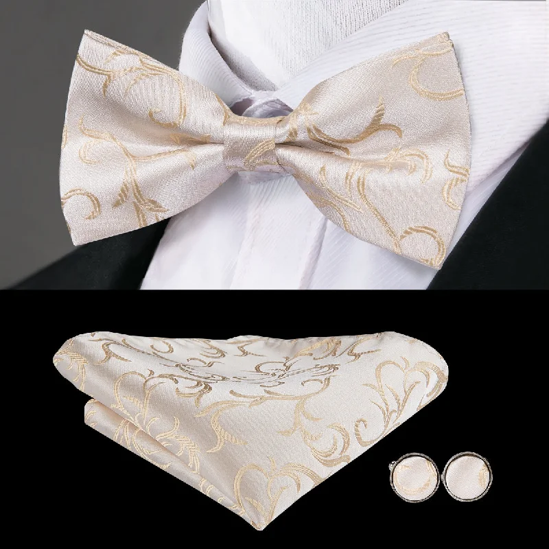 Champagne Beige White Floral Pre-tied Bow Tie Hanky Cufflinks Set