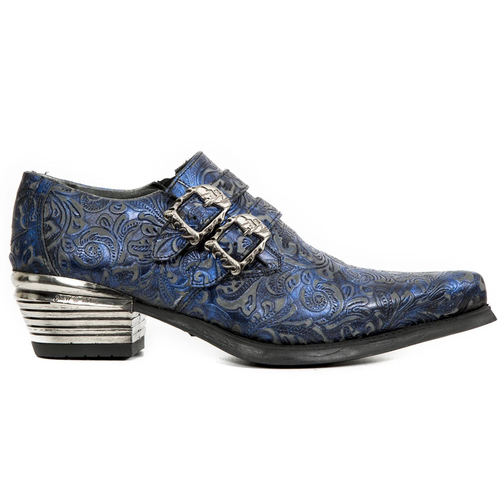 NEW ROCK 7960-S7 Shoe EMBOSSED VINTAGE Blue Leather Buckle Steel Heel Shoes