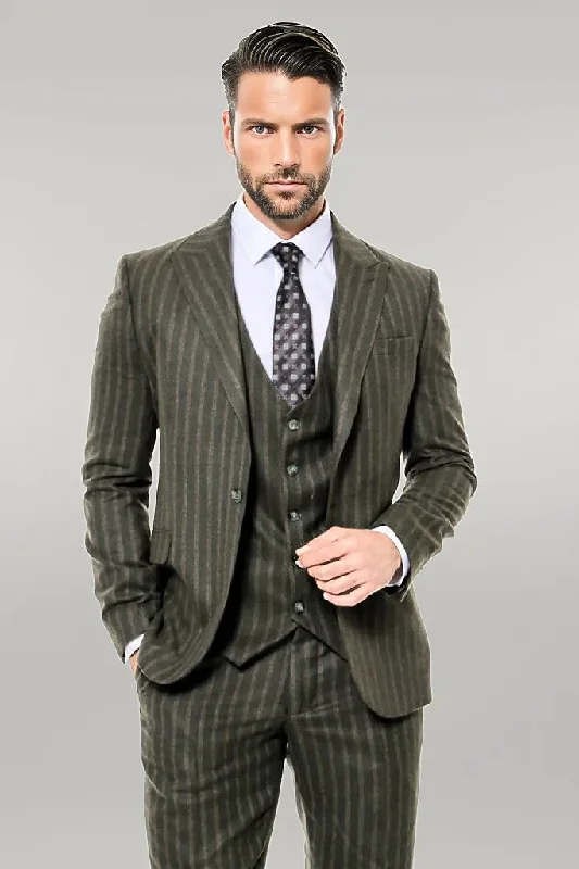 Green Striped Slim-Fit Vested Suit - Wessi