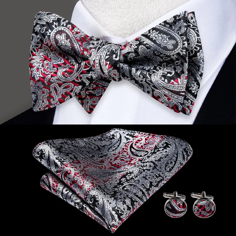 Black Red Silver Paisley Self-tied Bow Tie Pocket Square Cufflinks Set