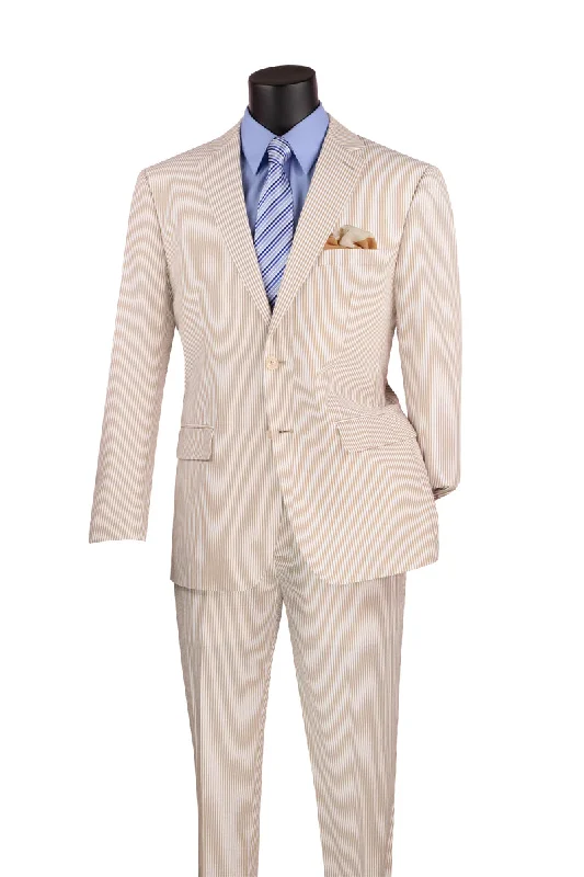 Modern Fit Summer 2 Piece 2 Button Suit Striped Seersucker in Tan