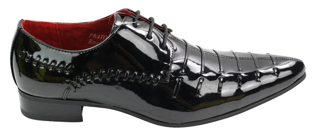 Mens Italian Design Black Red Laced Leather Shiny Patent Shoes Smart Casual