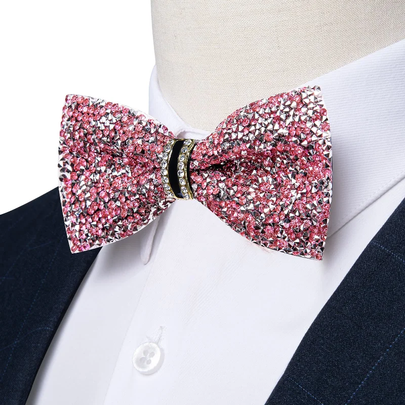 Ties2you Imitated Crystal Bowtie Rose Pink Silver Rhinestones Men's Pre Tied Bow Ties For Wedding Party