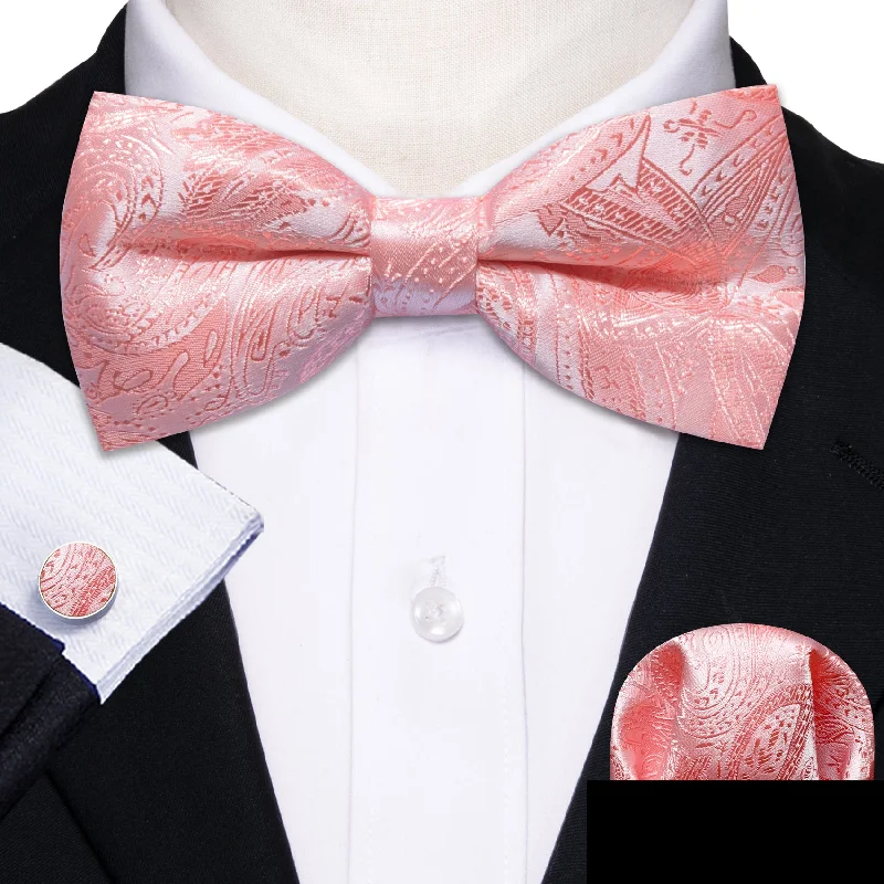 Blush Pink Paisley Men's Pre-tied Bowtie Hanky Cufflinks Set