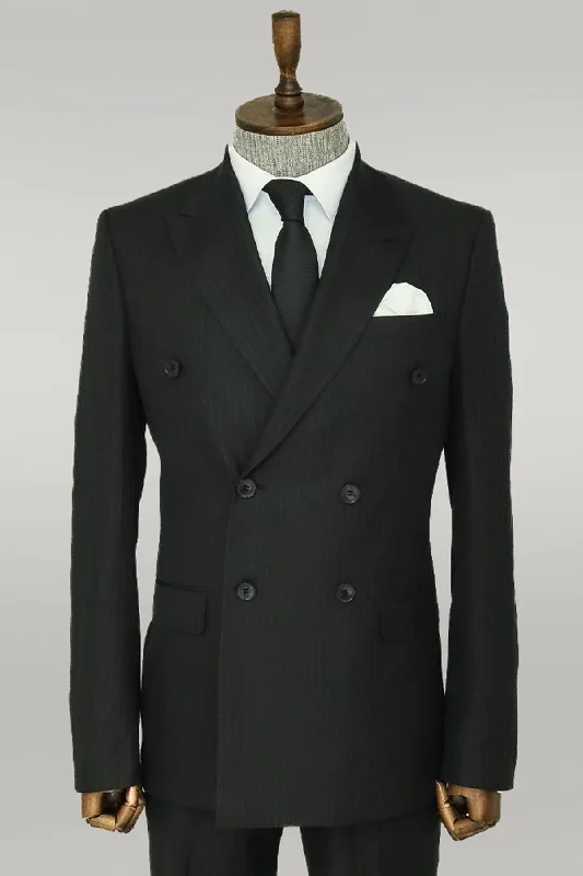 Striped Wide Collar Black Men Double-Breasted Suit - Wessi