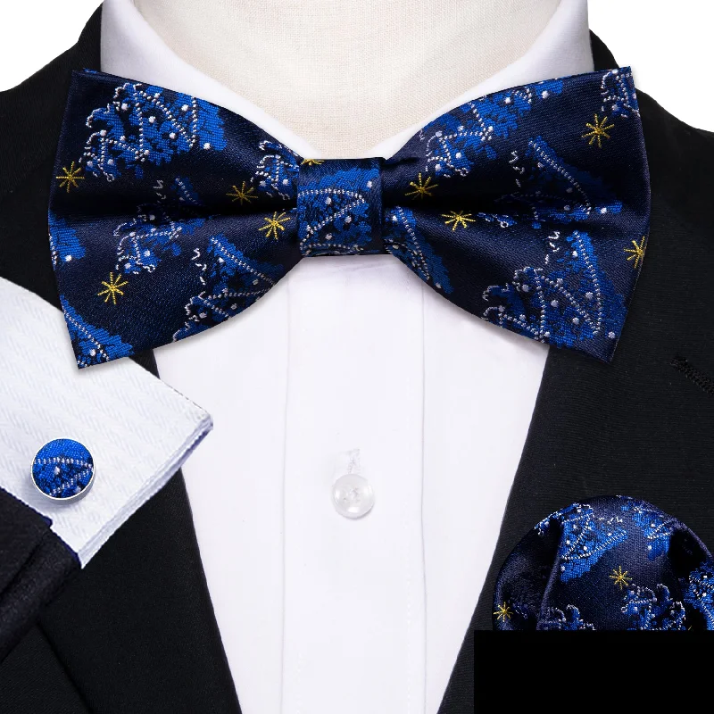 Black Blue Christmas Tree Men's Pre-tied Bowtie Hanky Cufflinks Set