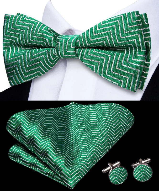 Green White Geometric Pre-tied Bowtie Pocket Square Cufflinks Set