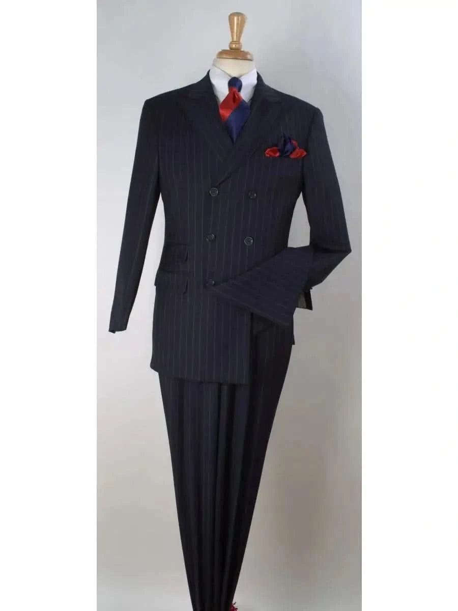 Apollo King Mens Big & Tall Navy Blue Pinstriped Double Breasted 3 Piece Pleated Wool Suit