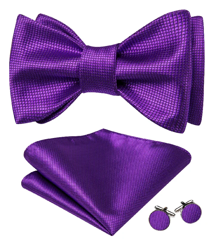 Barry Wang Bow Tie Dark Purple Plaid Mens Tie Hanky Cufflinks Set