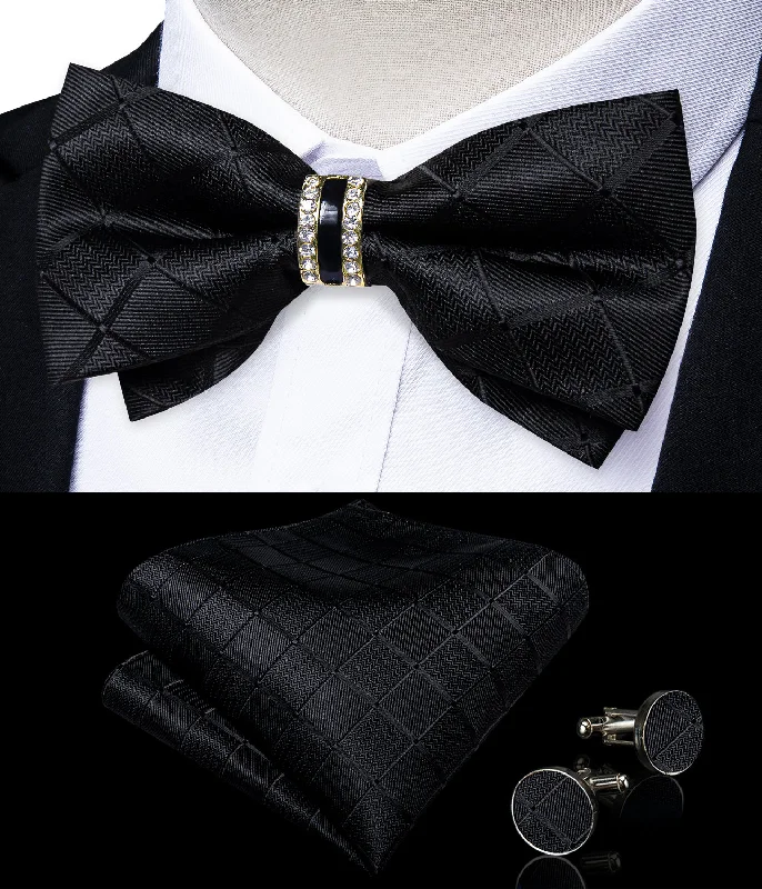 Black Plaid Classic Silk Pre-tied Ring Bow Tie Hanky Cufflinks Set