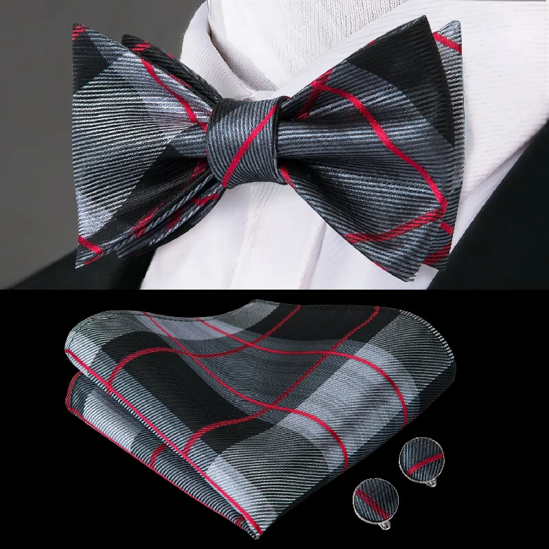 Grey Red Plaid Self-tied Silk Bow Tie Pocket Square Cufflinks Set