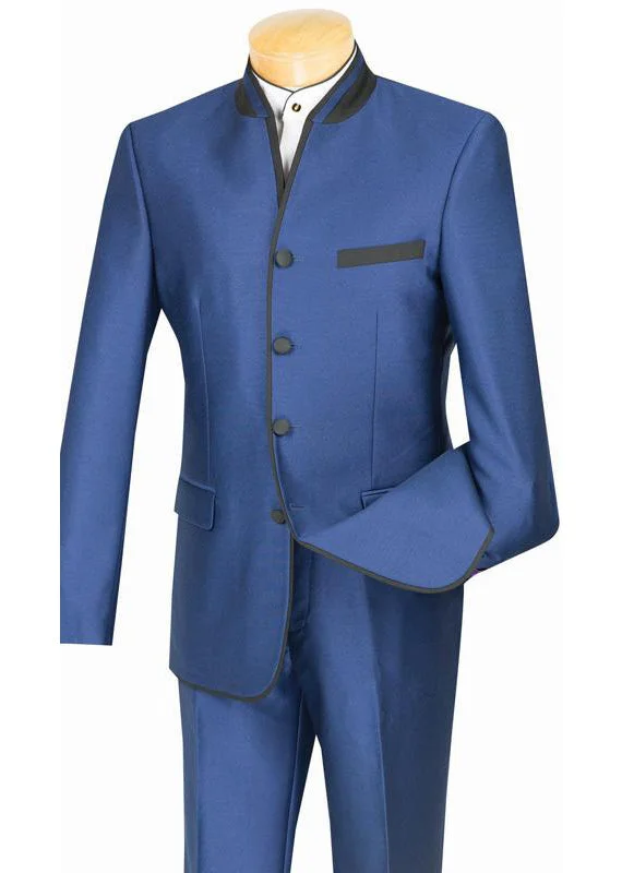 Oriental Collection - Banded Collar Slim Fit Suit Shiny Sharkskin 2 Piece Blue