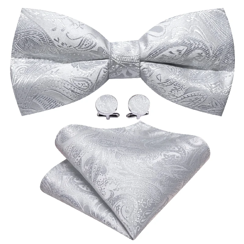 Barry Wang Silver White Paisley Pre Tied Bow Tie Hanky Cufflinks Set