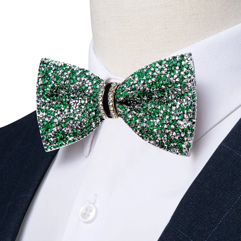 Ties2you Imitated Crystal Bowtie Green Silver Rhinestones Men's Pre Tied Bow Ties For Wedding Party