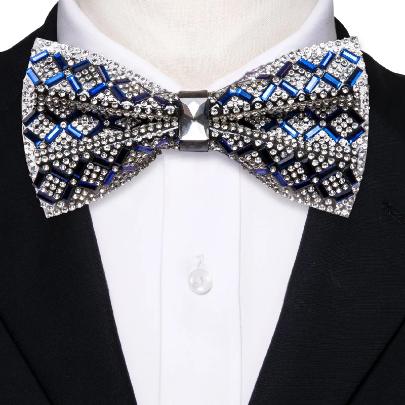 Shining Blue White Plaid Rhinestones Pre-tied Bowties Fashion For Wedding Party