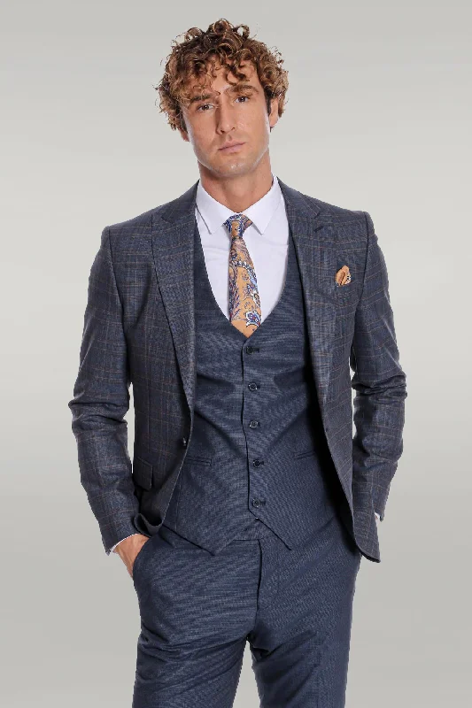 Checked Slim Fit Navy Blue Men Suit - Wessi