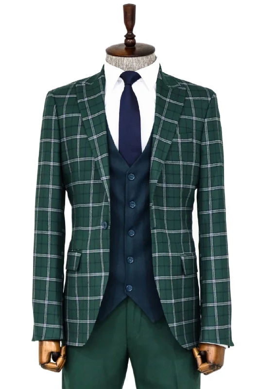 Blue Vested Slim Fit Checked Green Men Suit and Shirt Combination- Wessi