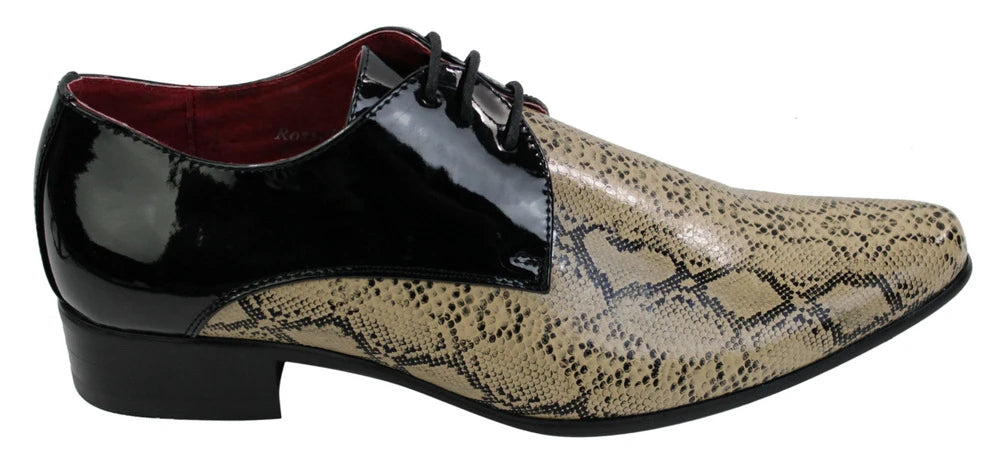 Mens Black Beige Snake Skin Patent Shiny Leather Shoes Italian Design Laced