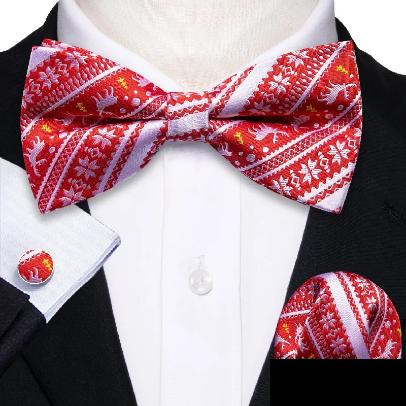 Red White Christmas Novelty Men's Pre-tied Bowtie Hanky Cufflinks Set