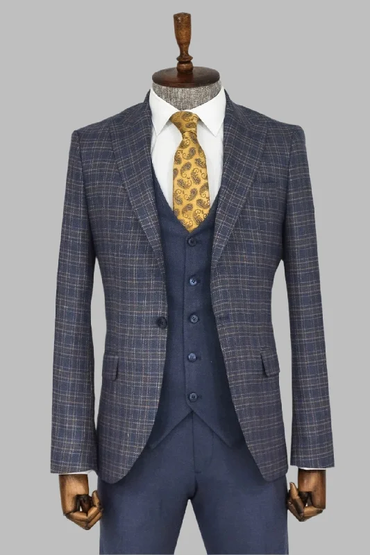 Checked Slim Fit Blue Men Suit - Wessi