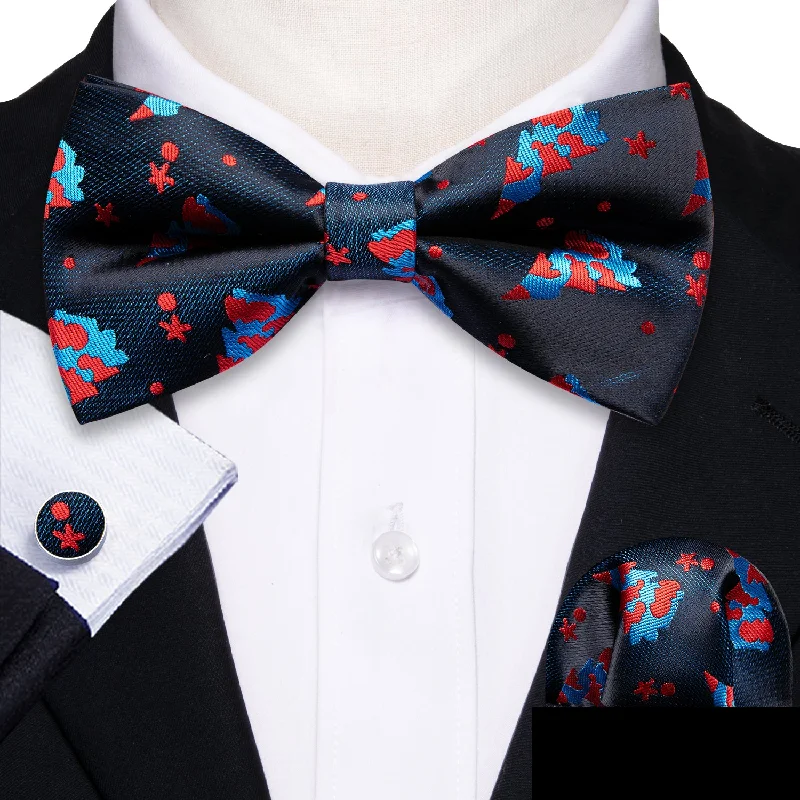 Blue Red Christmas Tree Men's Pre-tied Bowtie Hanky Cufflinks Set