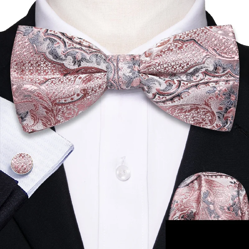 Grey Pink Paisley Pre-tied Bow Tie Hanky Cufflinks Set