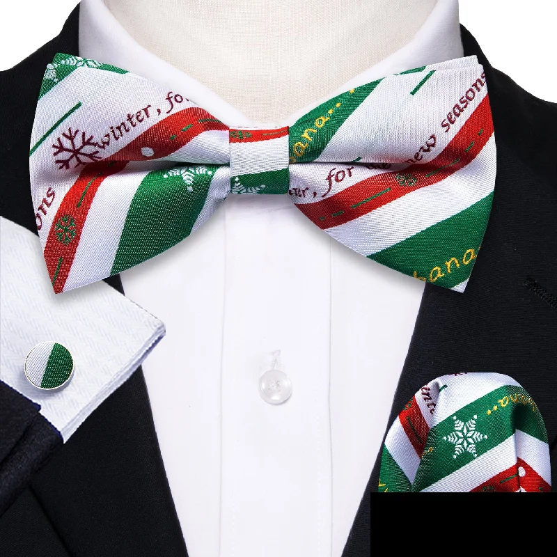 White Green Red Striped Men's Pre-tied Christmas Bowtie Hanky Cufflinks Set