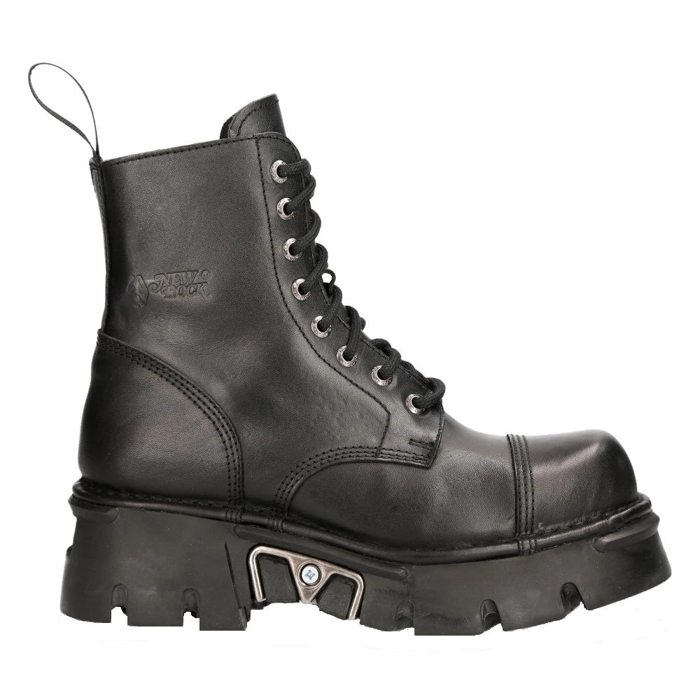 NEW ROCK M-NEWMILI083-S19 COMBAT BOOTS Black Leather Military Biker Shoes