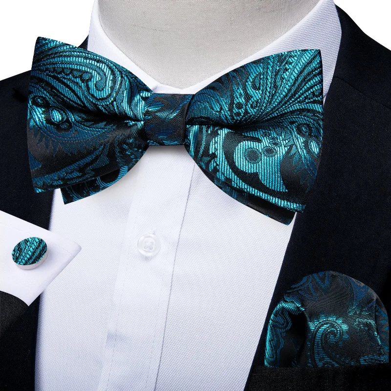 Teal Blue Black Paisley Men Pre-tied Bowtie Pocket Square Cufflinks Set