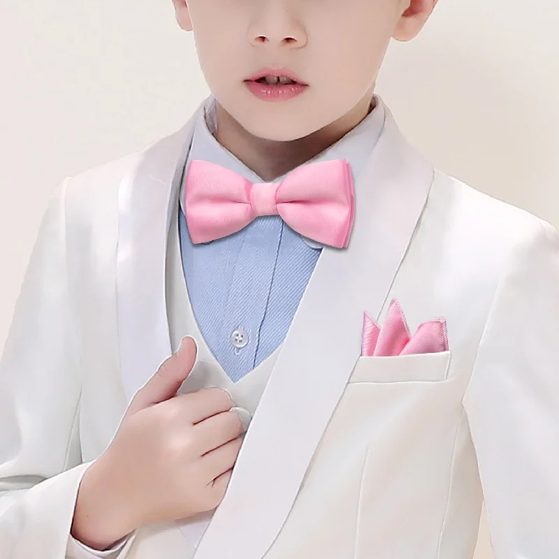 Barry.wang Kids Tie Pink Solid Children Bow Tie Pocket Square Set