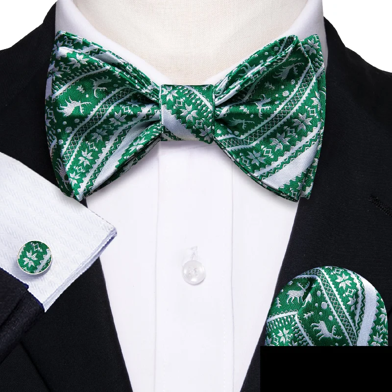 Green White Christmas Deer Men's Self-tied Bowtie Hanky Cufflinks Set