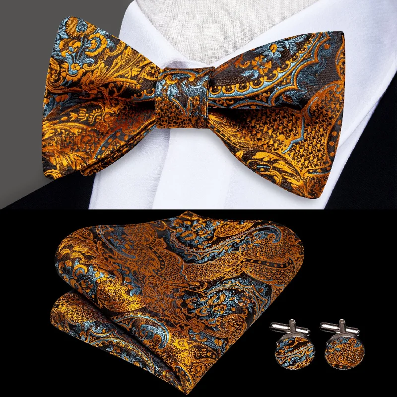 Golden Blue Paisley Self-tied Bow Tie Pocket Square Cufflinks Set