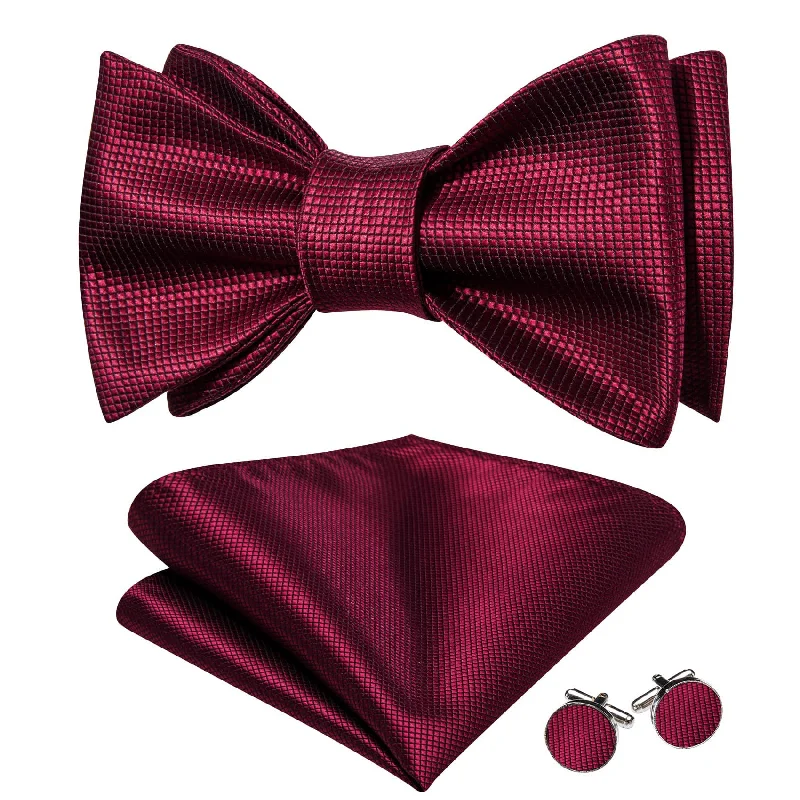 Barry Wang Self-Tied Bowtie Burgundy Red Plaid Mens Formal Bow Tie Set