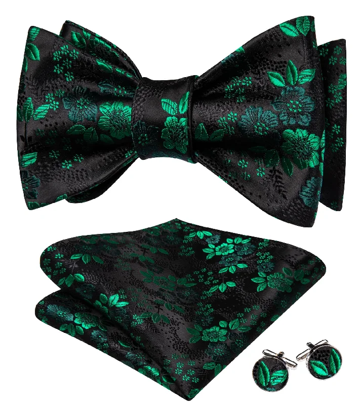 Barry Wang Black Bow Tie Green Floral Mens Bow Tie Hanky Cufflinks Set