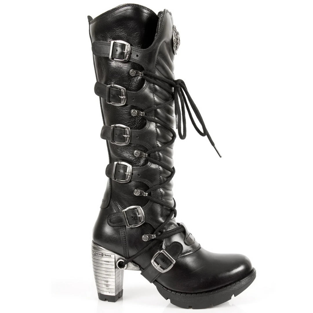 New Rock TR004-S1 Ladies Black 100% Leather Buckle Lace Knee High Biker Boots