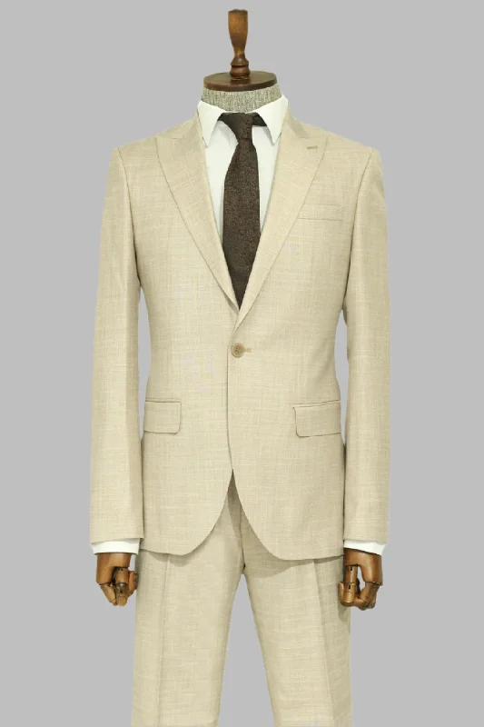 Two Piece Slim Fit Single Button Beige Men Suit