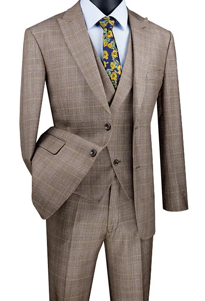 Tan Modern Fit Glen Plaid 2 Button Peak Lapel 3 Piece Suit