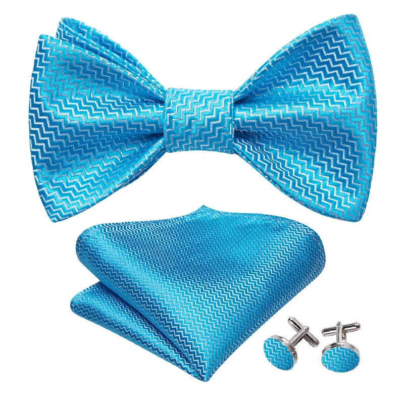 Sky Blue Striped Silk Bow Tie Hanky Cufflinks Set