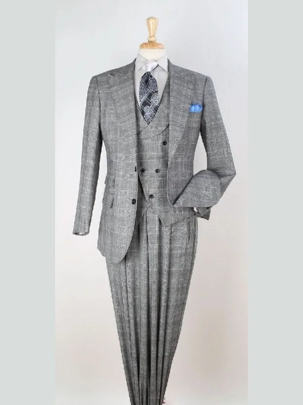 Apollo King Mens Big & Tall Classic Fit Gray Plaid 3 Piece 100% Wool Suit With Peak Lapels