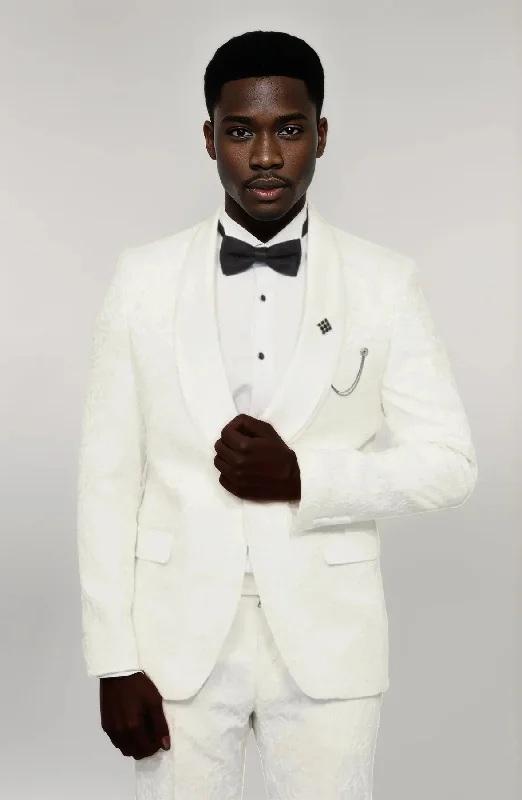 2 Piece Damask Patterned Velvet Shawl Collar White Men's Tuxedo Suit - Wessi