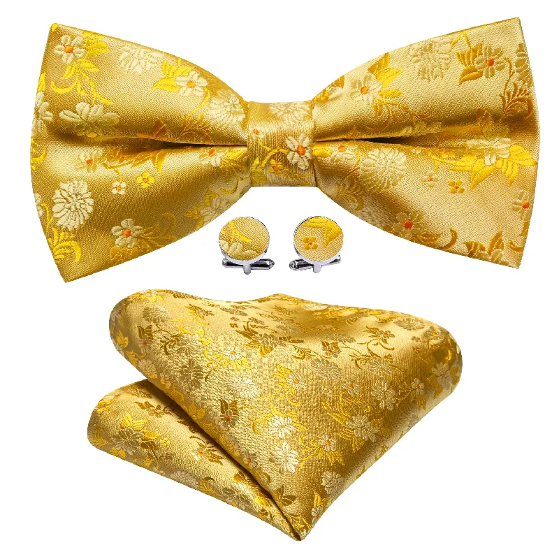 Barry Wang Men's Gold Floral Pre-tied Bow Tie Hanky Cufflinks Set