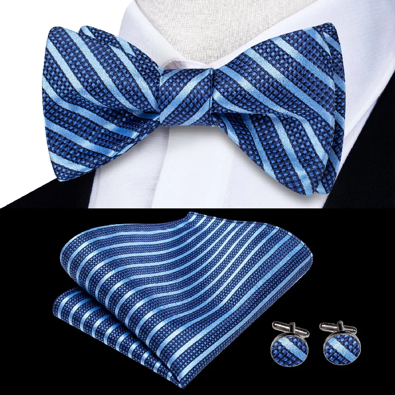 Blue Striped Self-tied Bow Tie Pocket Square Cufflinks Set