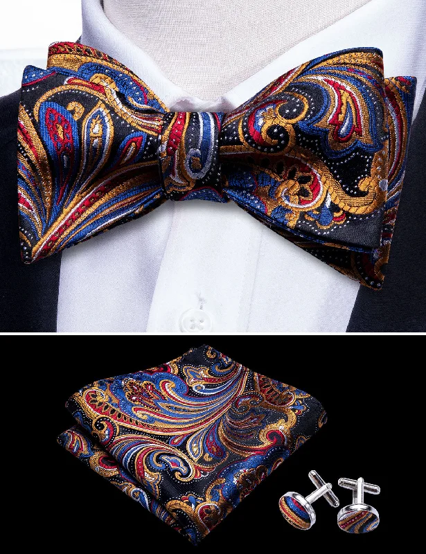 Luxury Golden Blue Paisley Self-tied Bow Tie Pocket Square Cufflinks Set