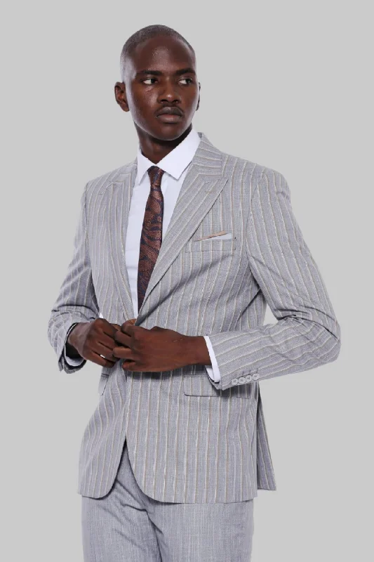 Striped Blazer Plain Pants Grey Men Suit - Wessi