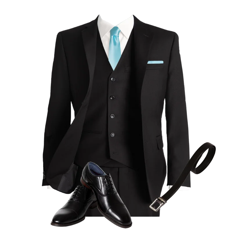 Black suit with baby blue tie