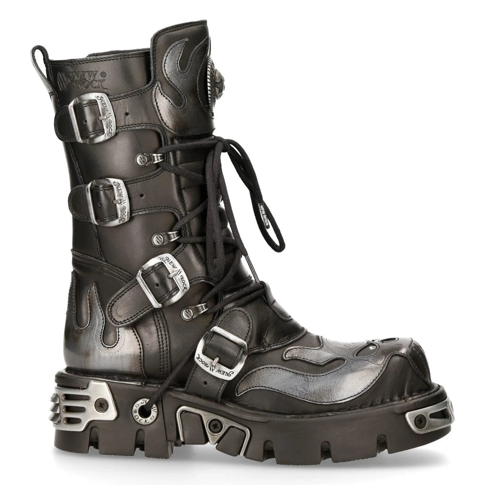 New Rock 107-S2 Black/Silver Gothic Leather Flame Boots